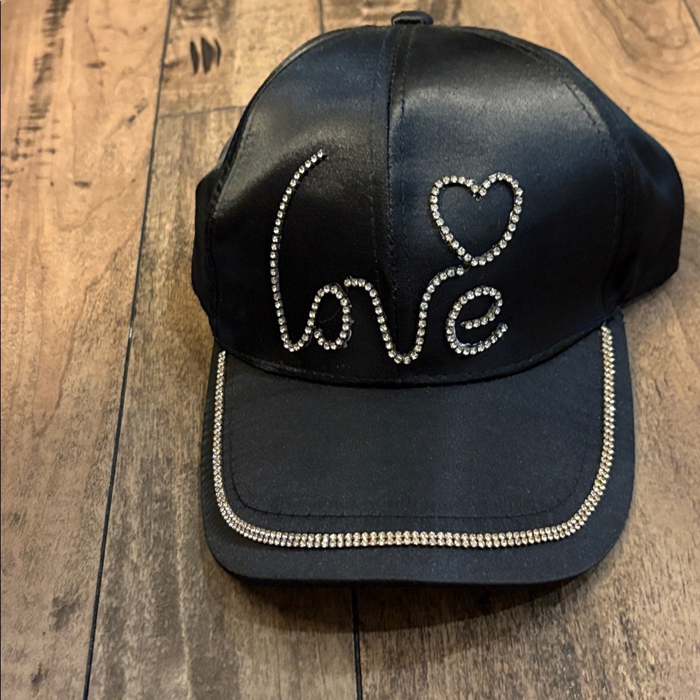 Black Cap with Rhinestone Love and Heart Design